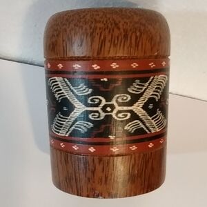 Artisan Wooden Decorative Cylinder with Black and Cream Patterns Desk Decor